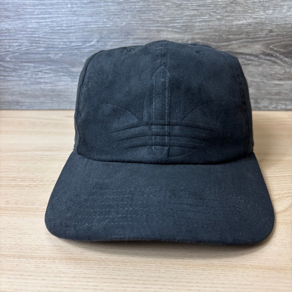 Adidas Hat Cap Strap Back Womens Black Faux Suede Logo Trefoil Adjustable